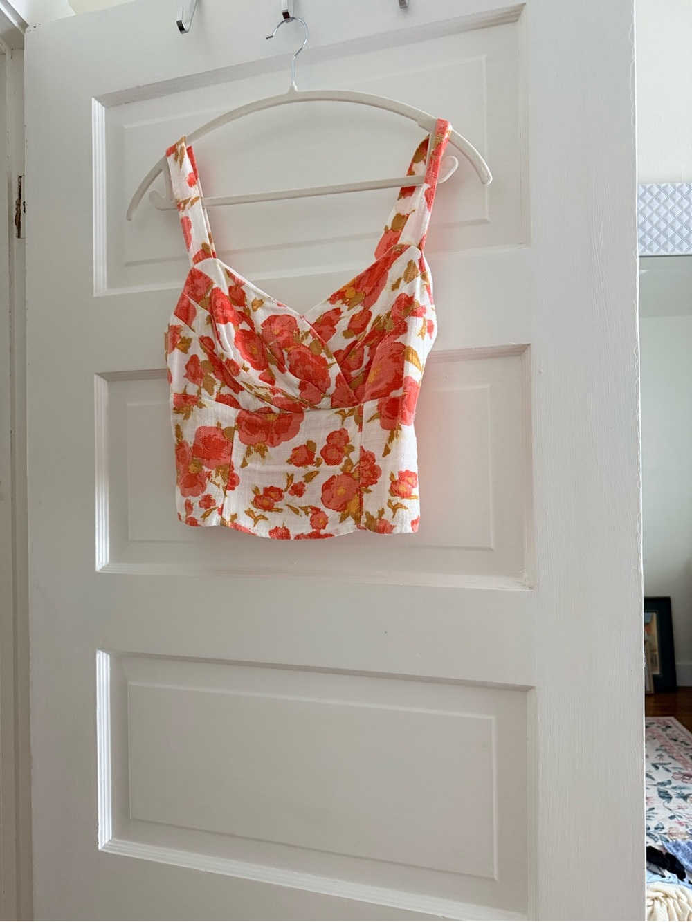 Floral Cropped Cami Top - Coral Pink on Cream